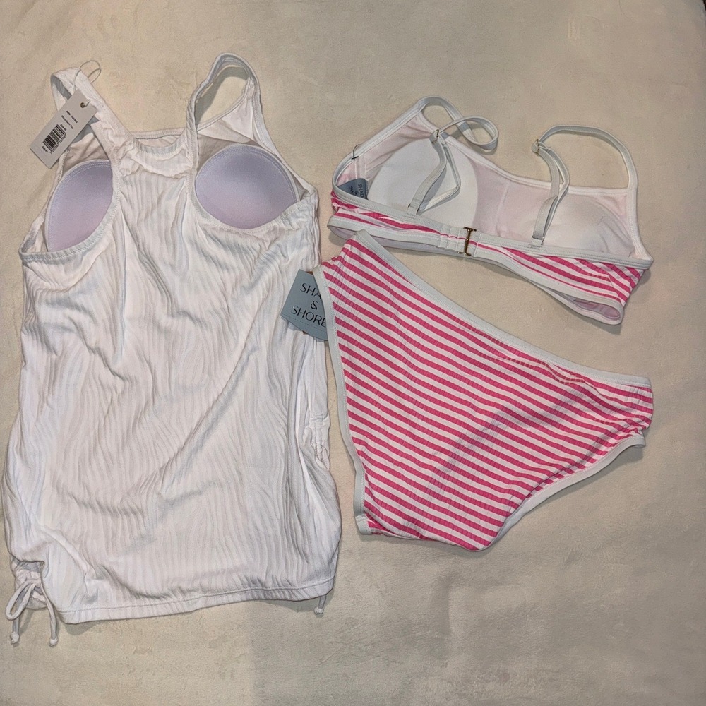 Shade & Shore Pink Striped Bikini & Calypsa White Ribbed Tankini Set Womens M - Picture 2 of 5